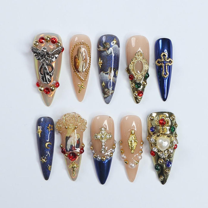 Blue and Nude Religious Press-On Nails with Gold Crosses, Pearls and Rhinestones