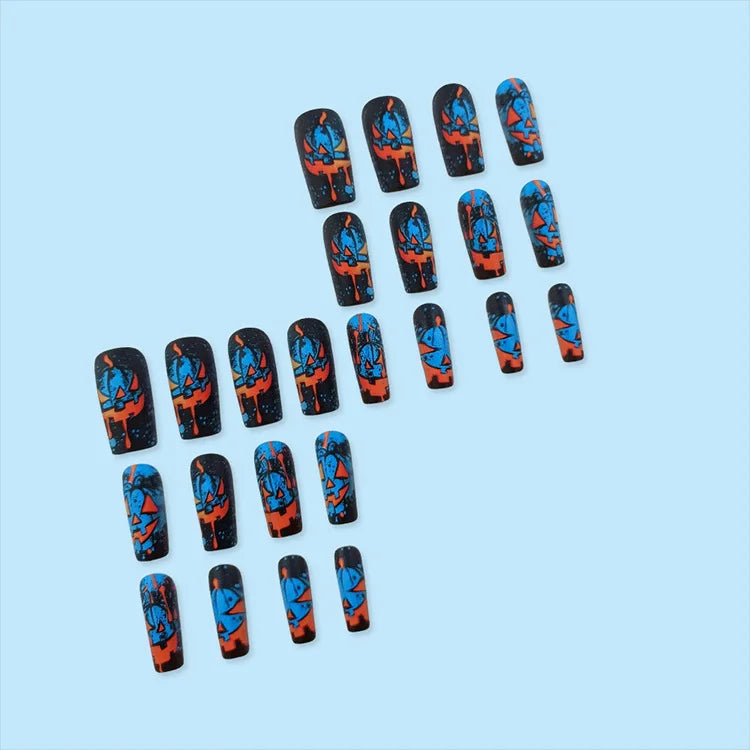 Blue and Orange Jack-o'-Lantern Halloween Press On Nails