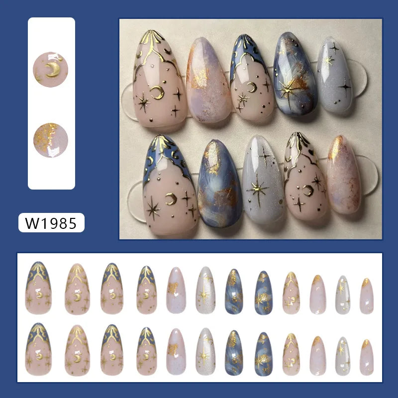 Blue and Pink Celestial Press-On Nails with Gold Moons and Stars