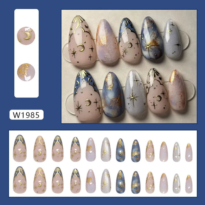 Blue and Pink Celestial Press-On Nails with Gold Moons and Stars