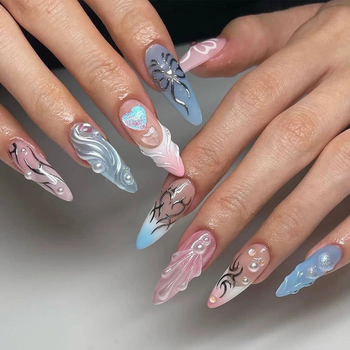 Blue and Pink Ocean-Inspired 3D Shell and Wave Press On Nails