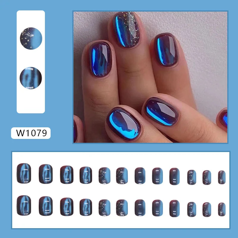 Blue and Purple Galaxy Cat Eye Press On Nails with Cyan Highlights and Glitter