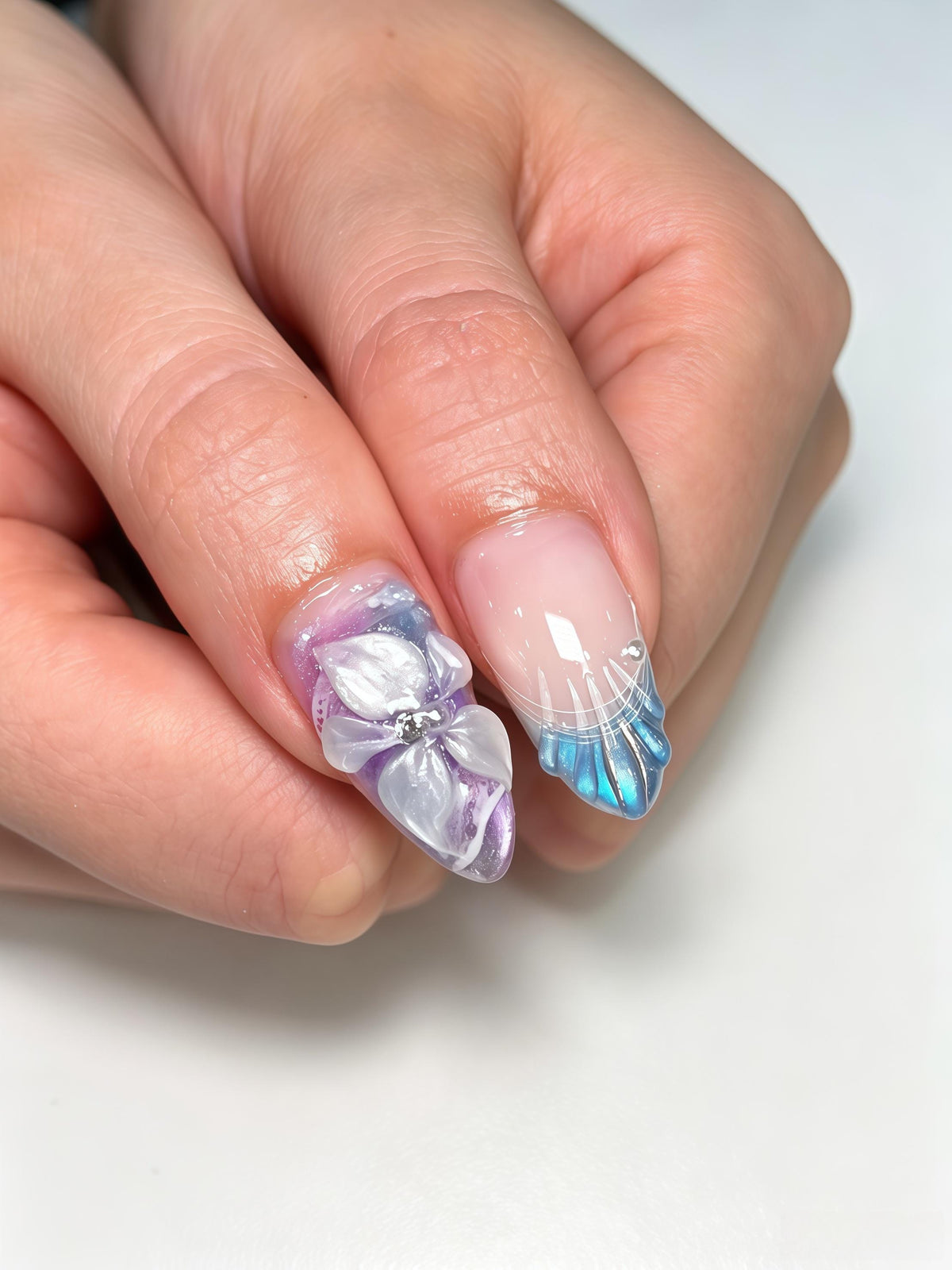 Blue and Purple Mermaid Glitter Nails with 3D Flowers and Pearl Accents
