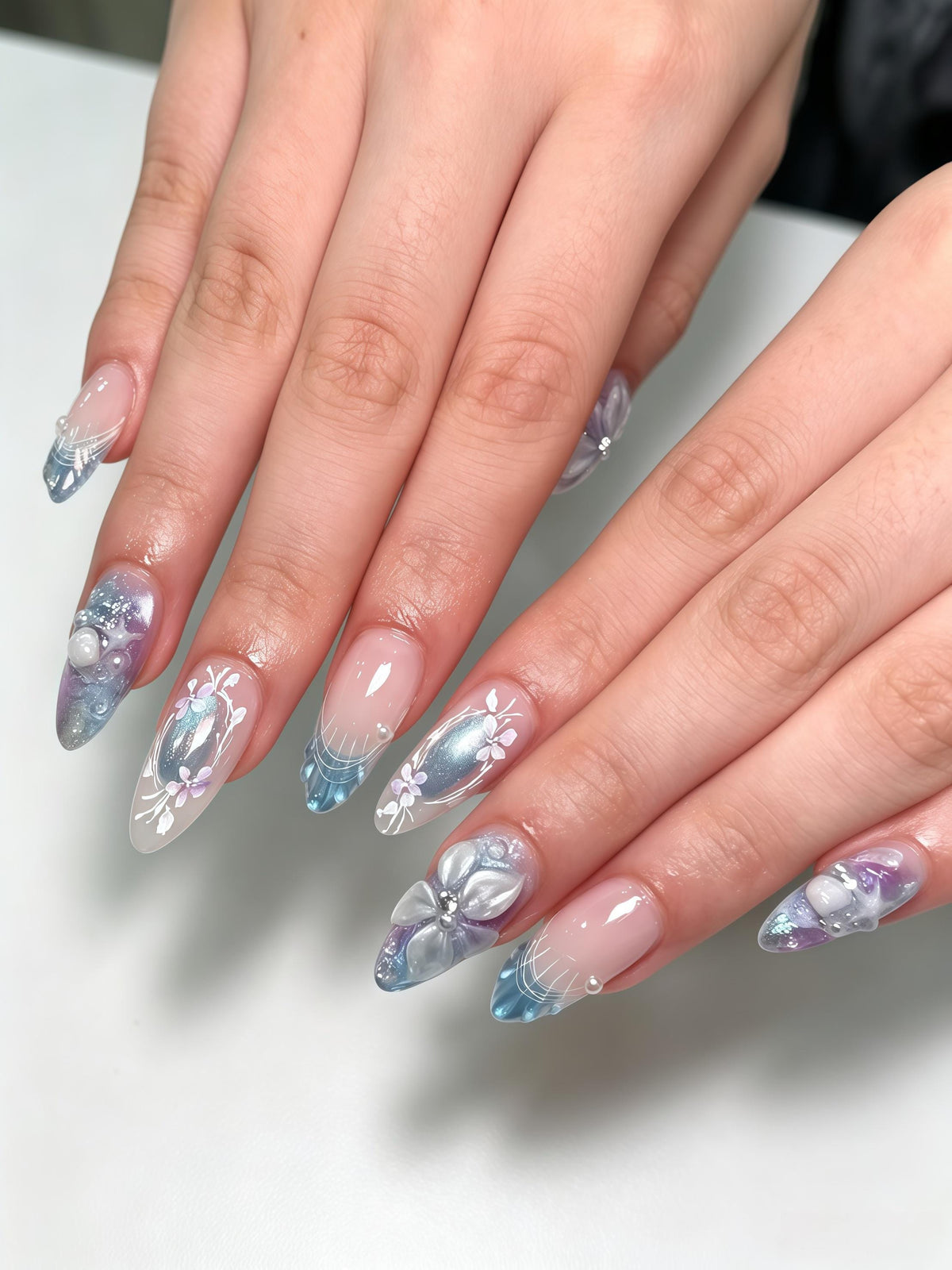Blue and Purple Mermaid Glitter Nails with 3D Flowers and Pearl Accents