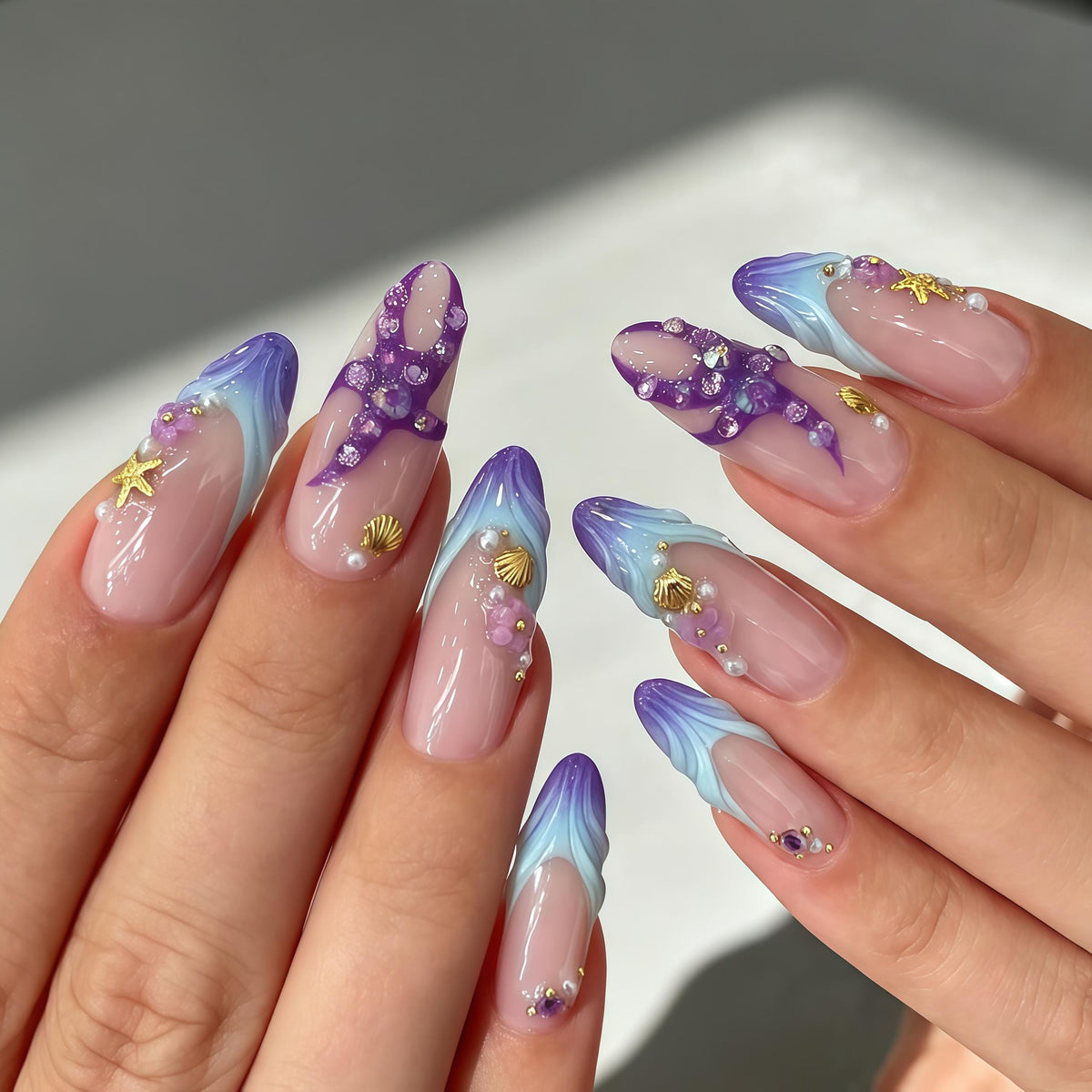 Blue and Purple Mermaid Wave Press On Nails with Gold Shells and Rhinestones