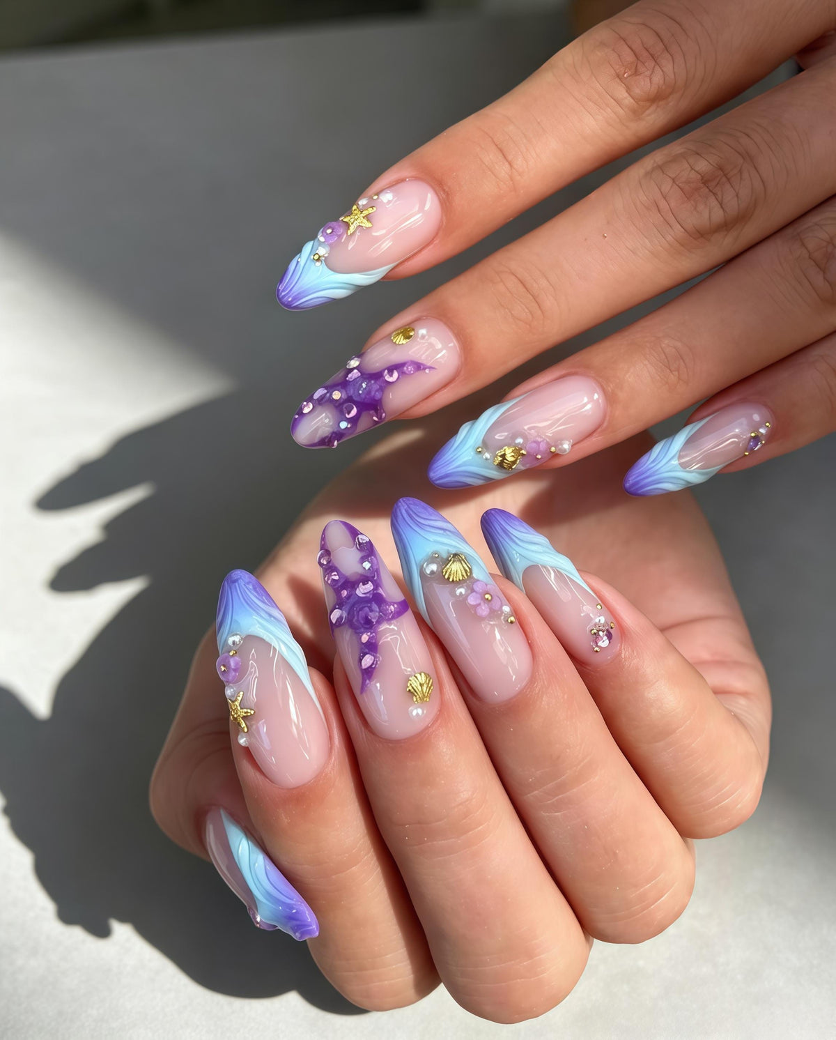 Blue and Purple Mermaid Wave Press On Nails with Gold Shells and Rhinestones