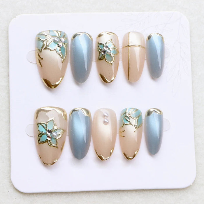 Blue and Sage Cat-Eye Press On Nails with Gold-Edged Floral Details