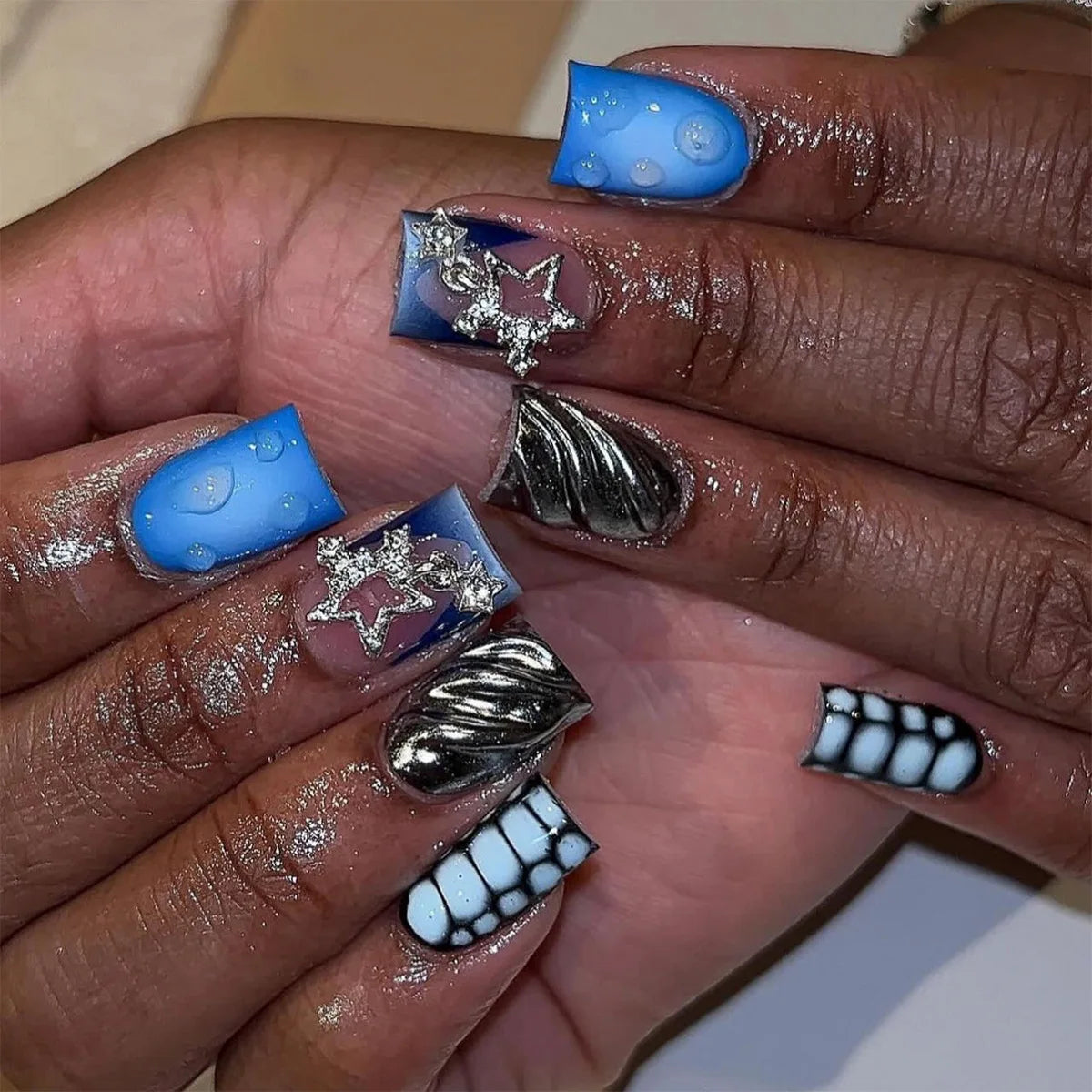 Blue and Silver Chrome Star, Shell, and Grid Nail Set