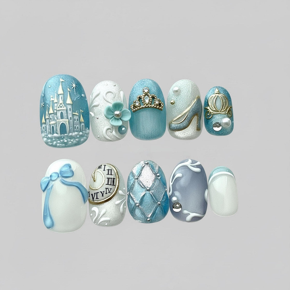 Blue and Silver Fairytale Nail Set With Castle, Tiara, Clock and Pearls