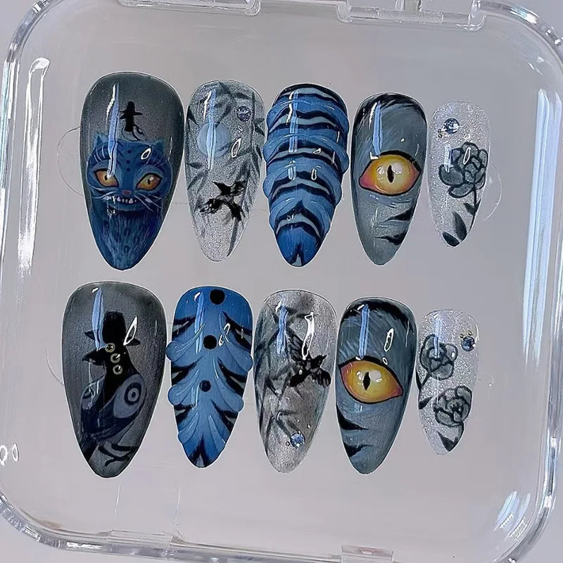 Blue and Silver Tiger Eye Wildlife Art Press On Nail Set