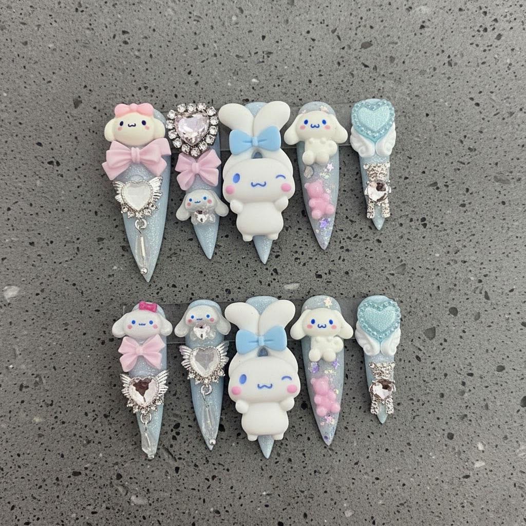 Blue and White Character Nails with 3D Figures, Bows and Hearts