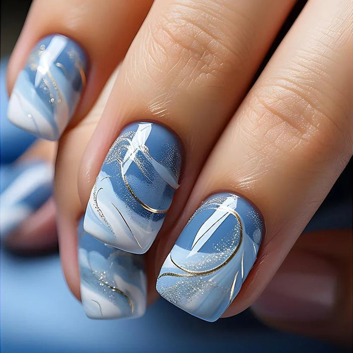 Blue and White Marble Swirl Press On Nails with Gold Lines and Glitter