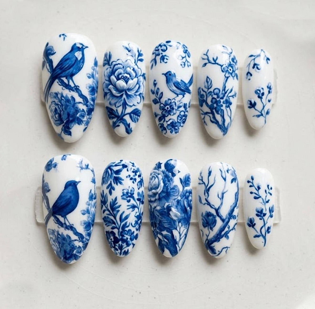 Blue and White Porcelain Bird and Floral Press On Nails