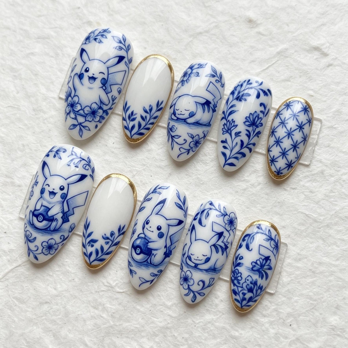 Blue and White Porcelain Cartoon and Floral Press-On Nail Set