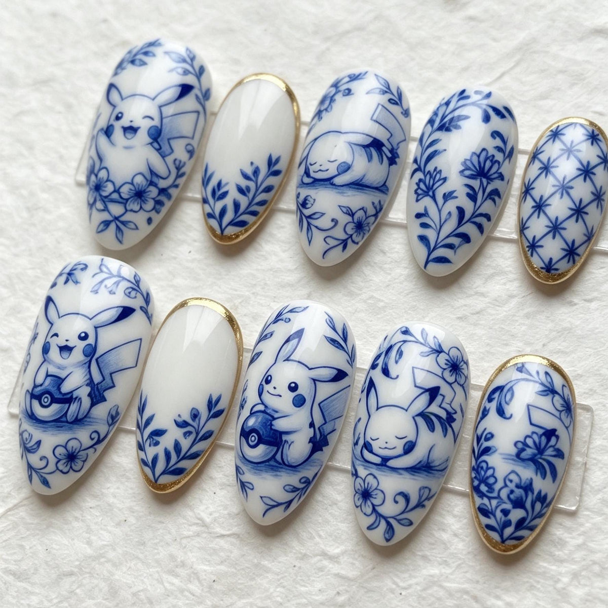 Blue and White Porcelain Cartoon and Floral Press-On Nail Set