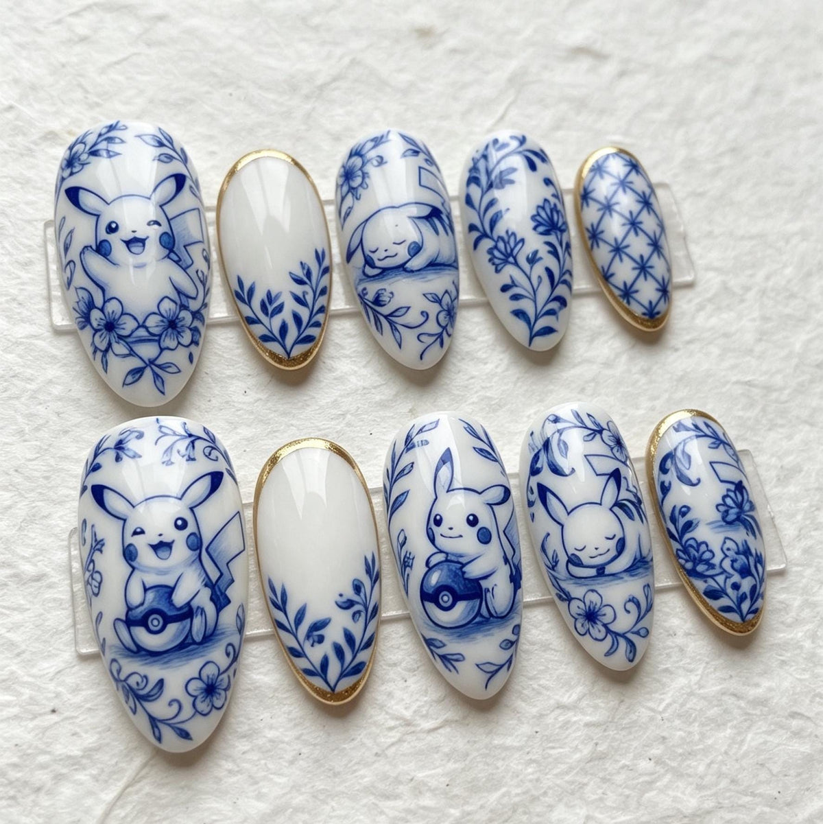 Blue and White Porcelain Cartoon and Floral Press-On Nail Set