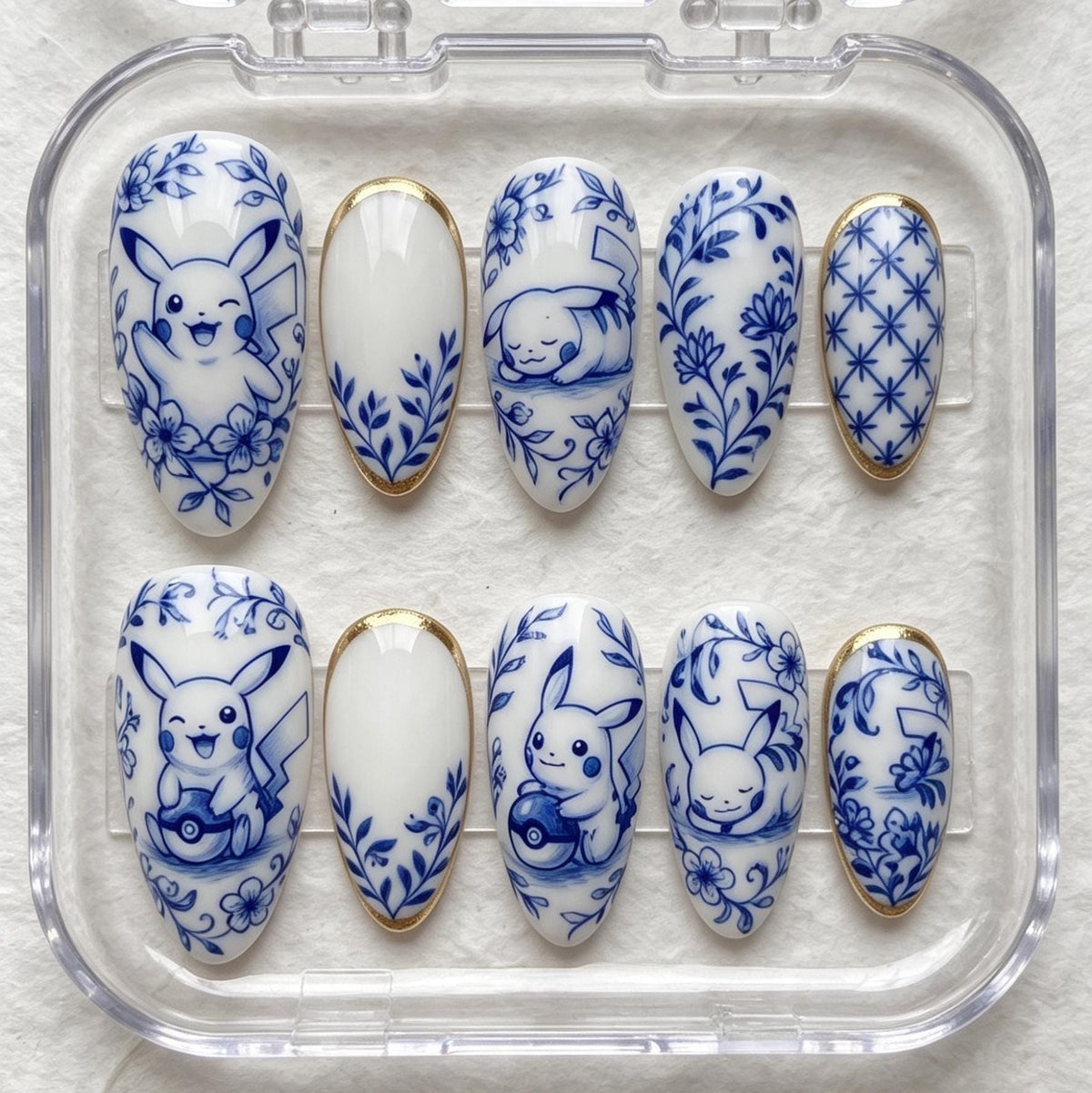 Blue and White Porcelain Cartoon and Floral Press-On Nail Set