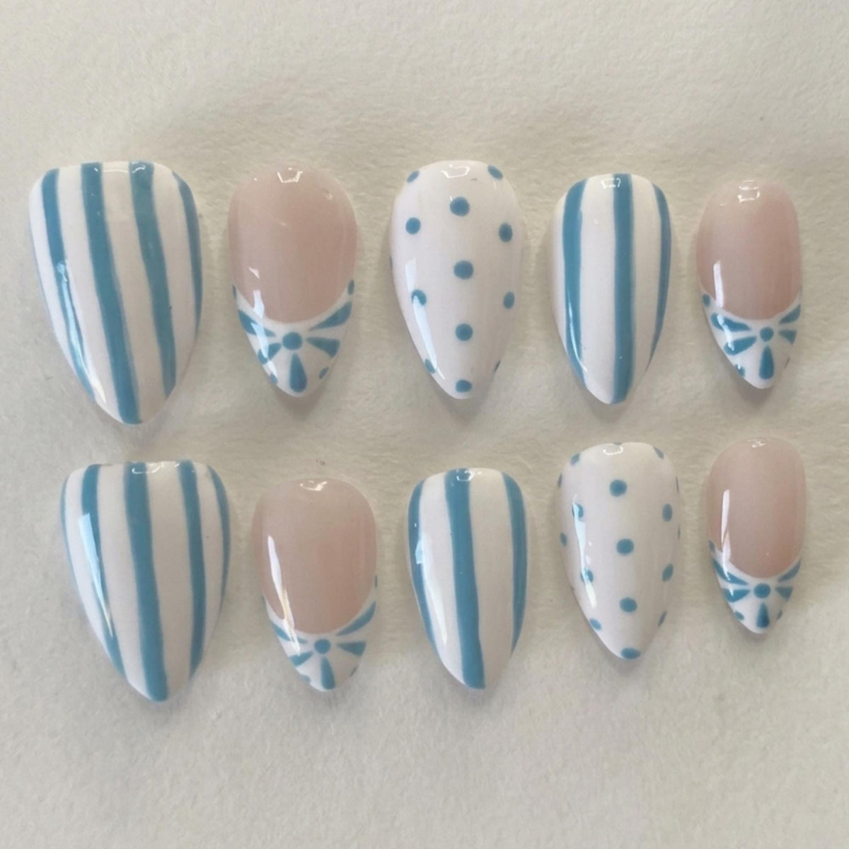 Blue and White Porcelain Floral Stripe Press-On Nail Set