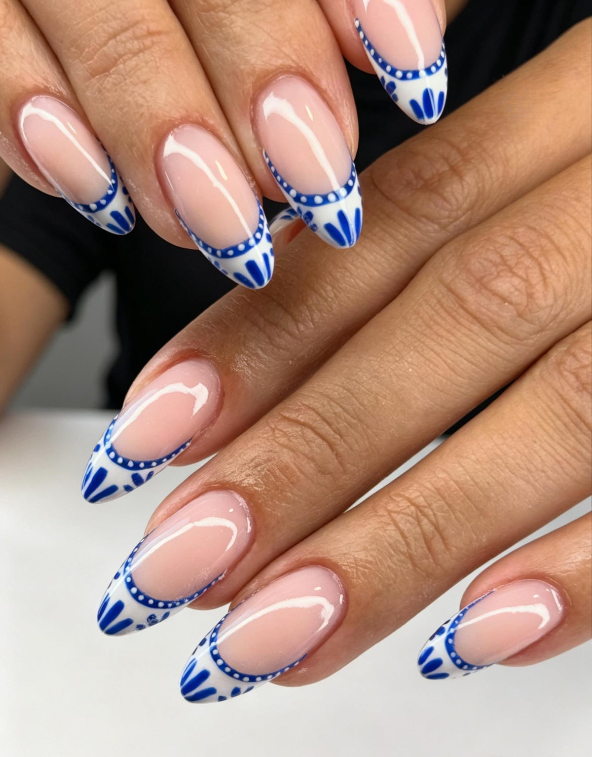 Blue and White Porcelain-Inspired French Tip Press-On Nails