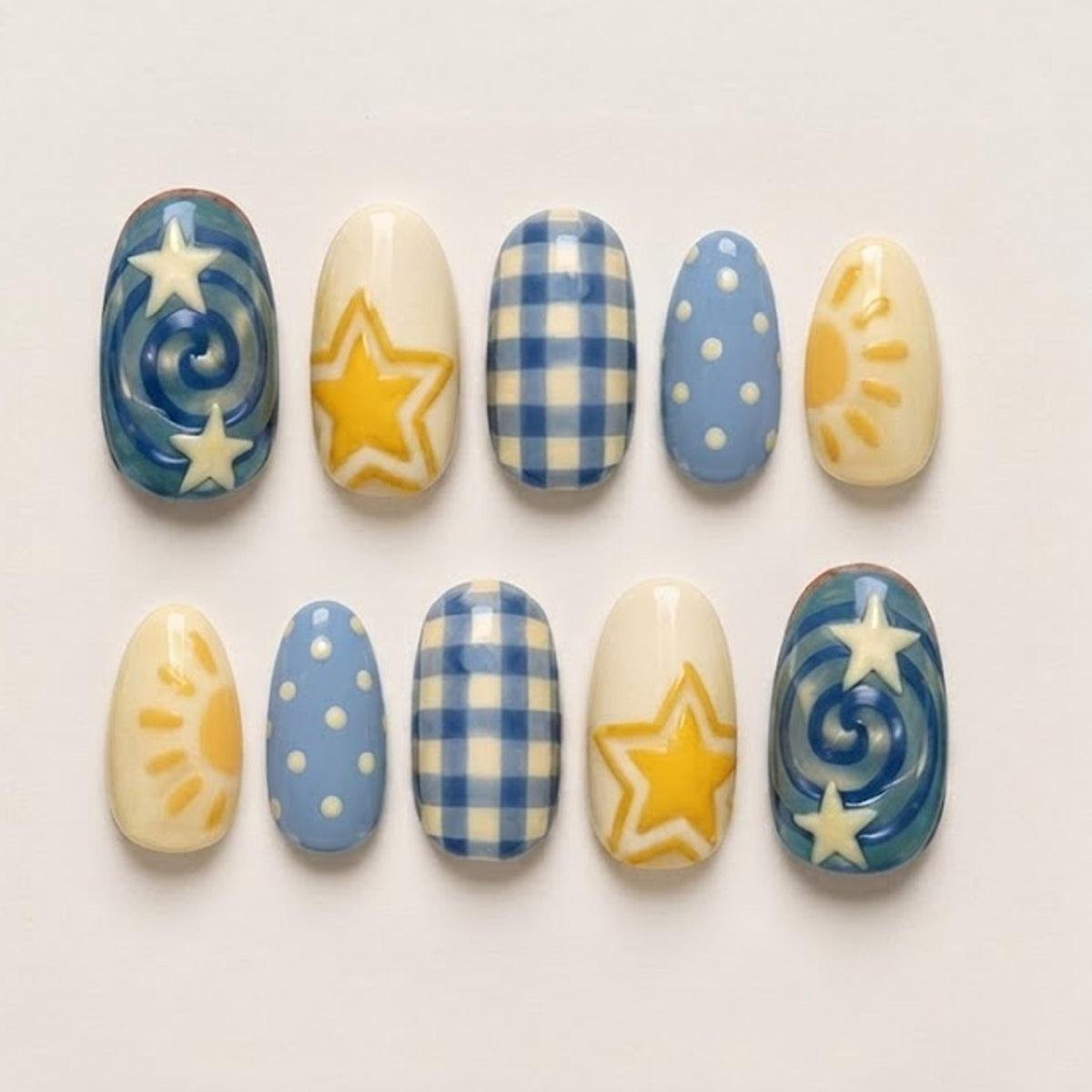 Blue and Yellow Retro Summer Sun, Star, Swirl, and Checkered Nail Set
