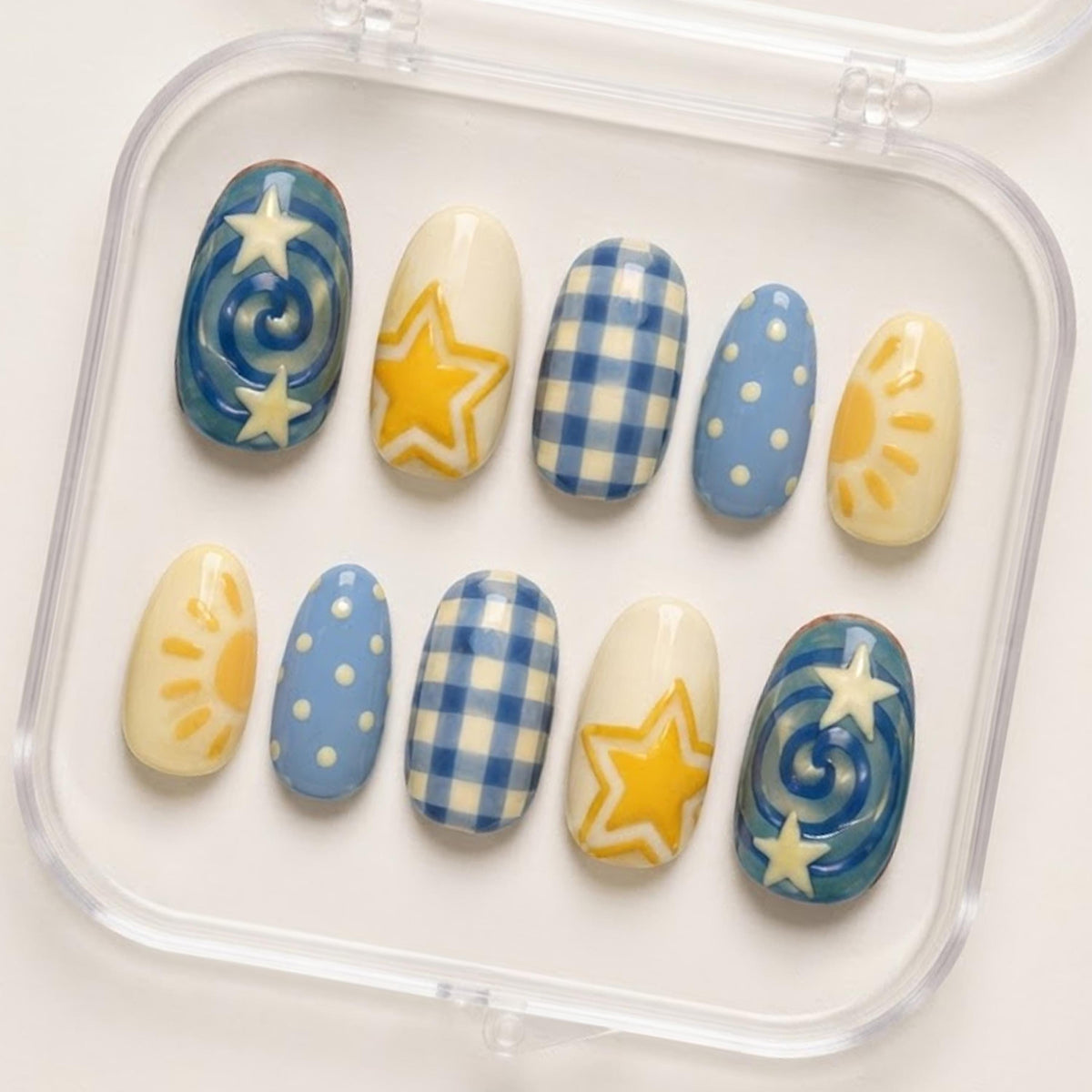 Blue and Yellow Retro Summer Sun, Star, Swirl, and Checkered Nail Set