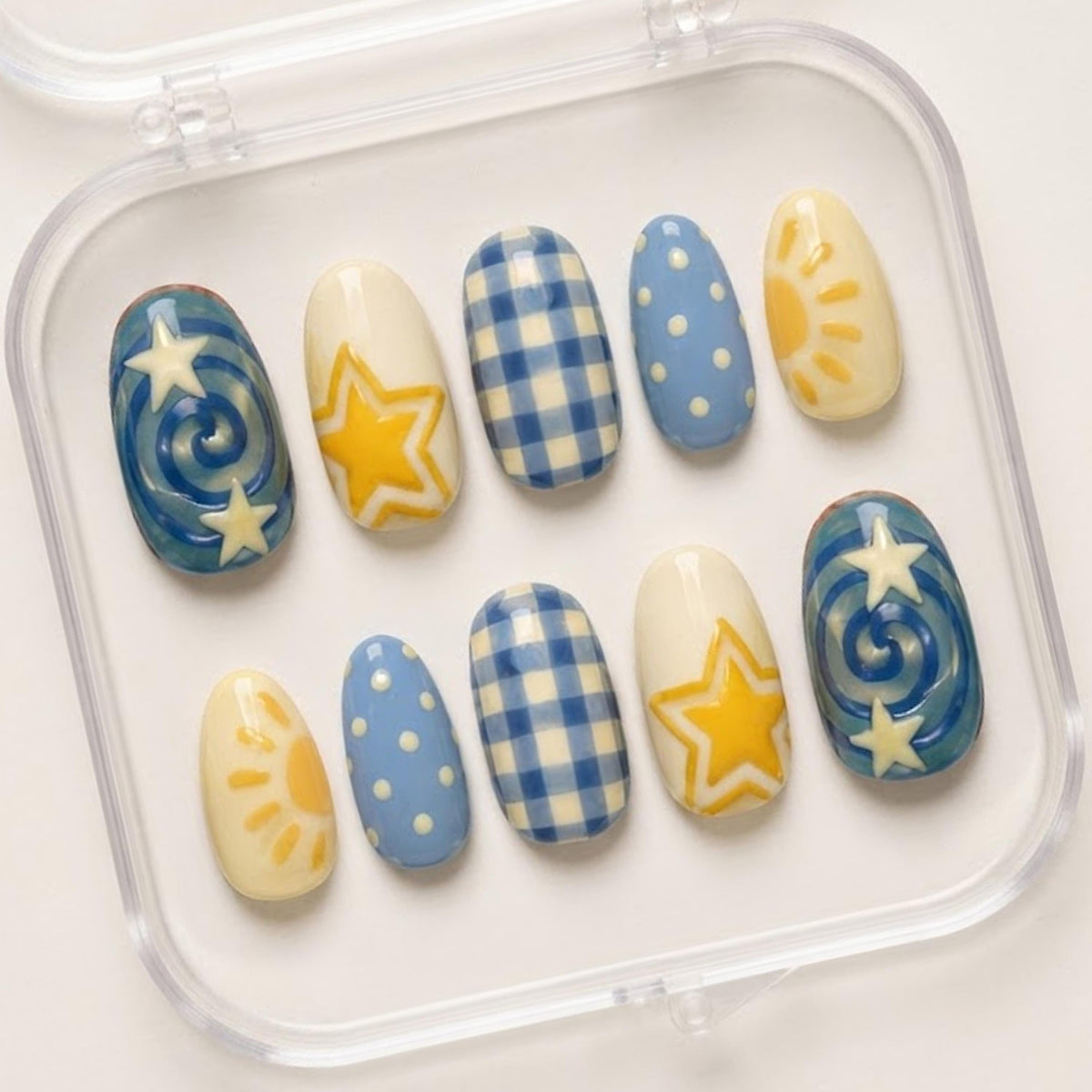 Blue and Yellow Retro Summer Sun, Star, Swirl, and Checkered Nail Set