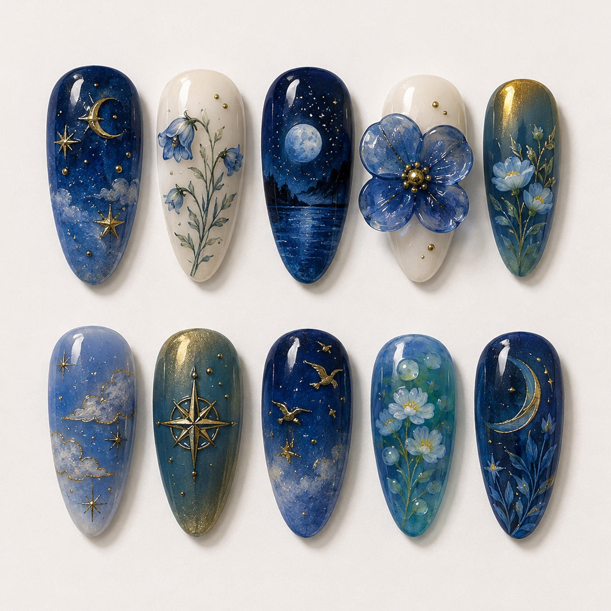 Blue Celestial Floral Press-On Nail Set With Gold Moons, Stars, and Compass