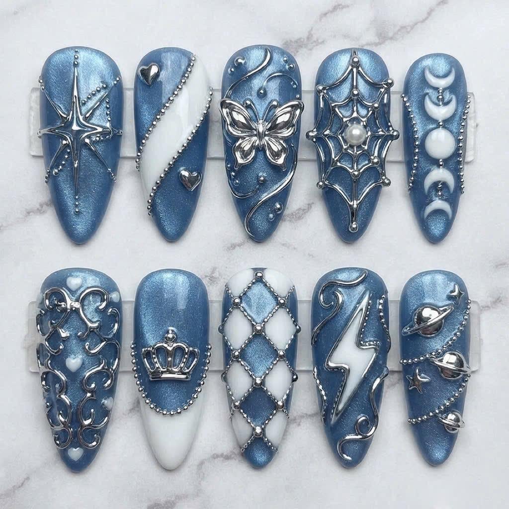 Blue Celestial Press On Nails With 3D Silver Butterfly, Moon, Star and Filigree Details