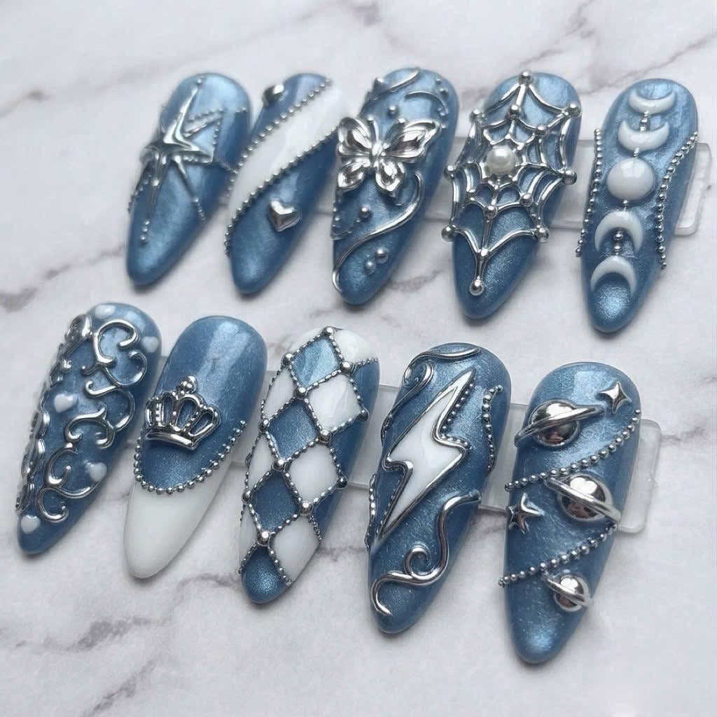 Blue Celestial Press On Nails With 3D Silver Butterfly, Moon, Star and Filigree Details