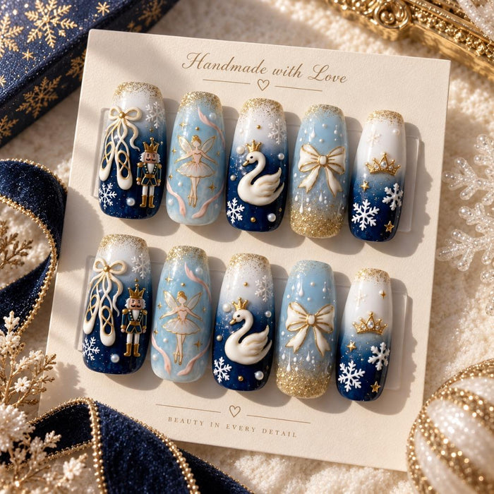 Blue Christmas Ballet Nutcracker Swan Press On Nail Set with Snowflakes, Bows and Gold Glitter