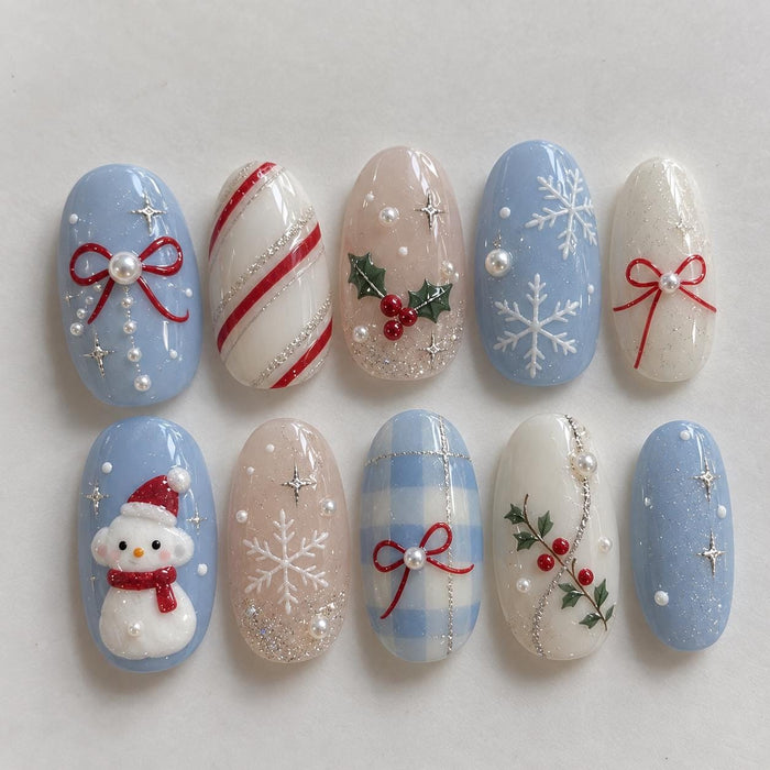 Blue Christmas Press On Nails with Snowflakes, Candy Cane Stripes, Bows and 3D Snowman