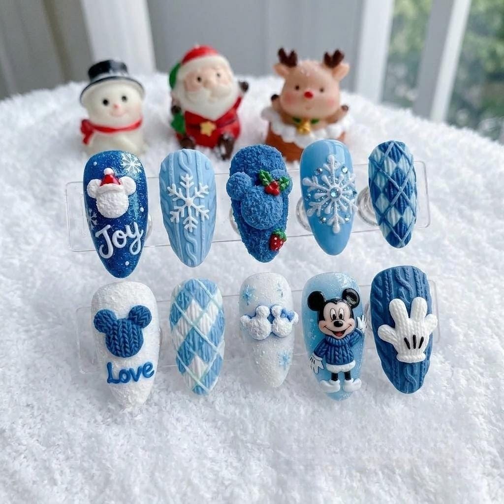 Blue Christmas Press On Nails with Sweater Knit Texture, Snowflakes and Argyle