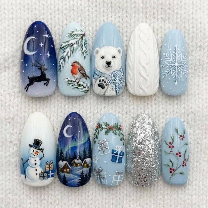 Blue Christmas Winter Press On Nail Set With Polar Bear, Snowman, Reindeer and Glitter