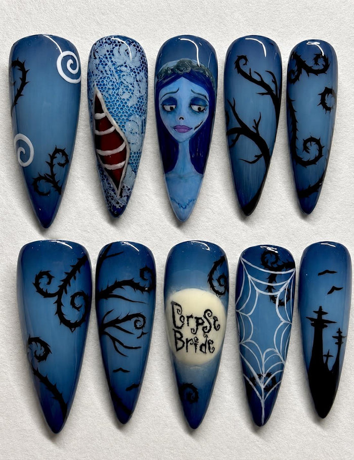 Blue Corpse Bride Gothic Press On Nail Set With Lace, Spiderwebs and Graveyard Art