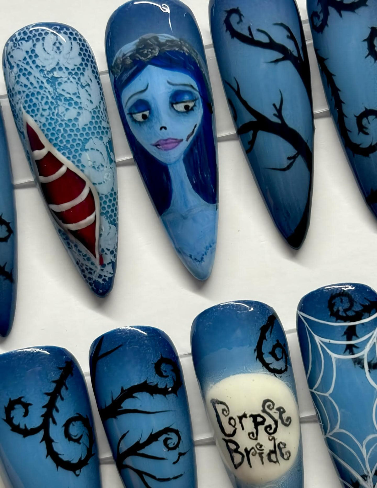 Blue Corpse Bride Gothic Nail Set With Lace, Spiderwebs and Graveyard Art