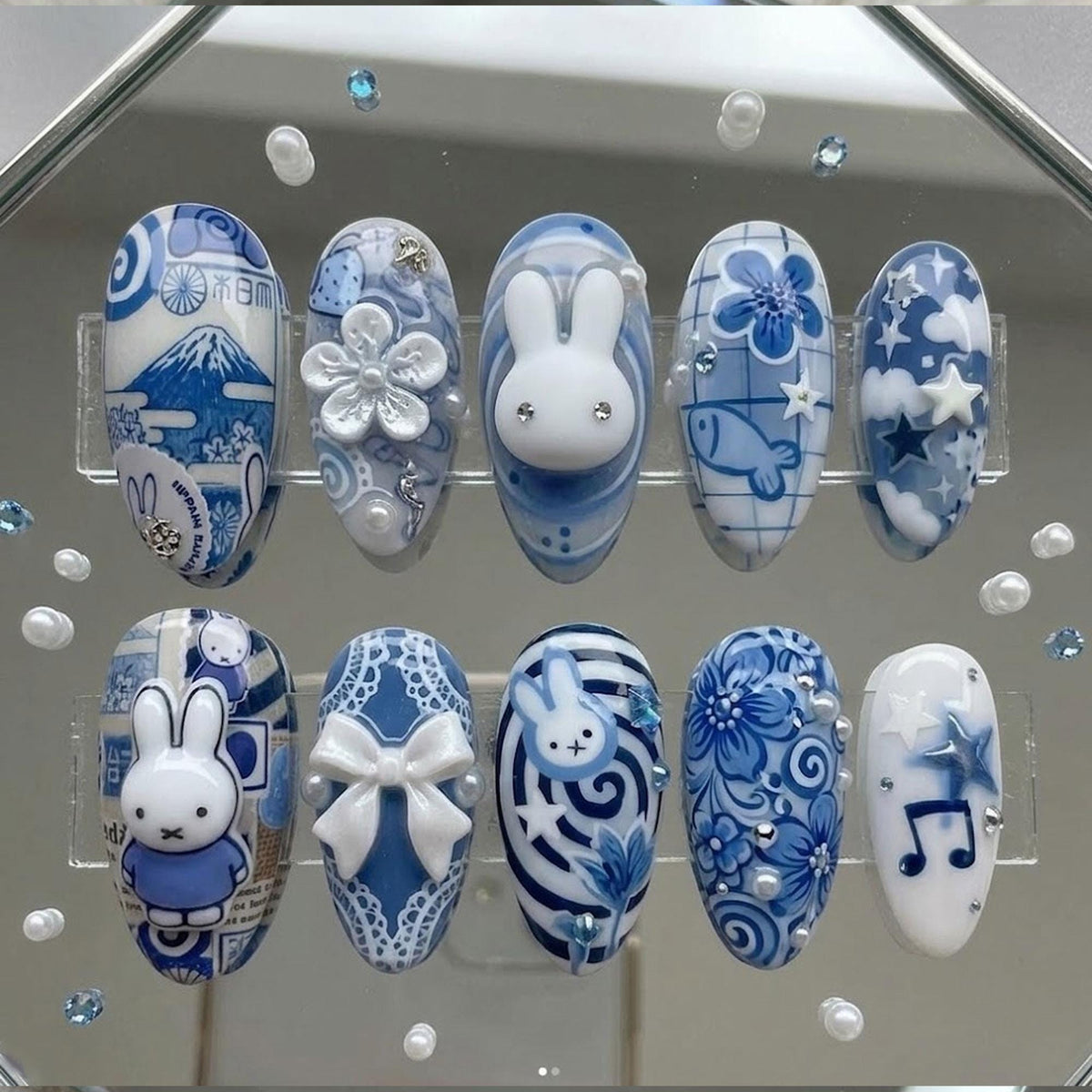 Blue Delft-Inspired Bunny Press-On Nails With 3D Bows and Rhinestones