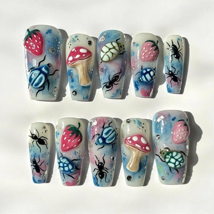 Blue Fairycore Strawberry, Mushroom & Insect Press On Nail Set