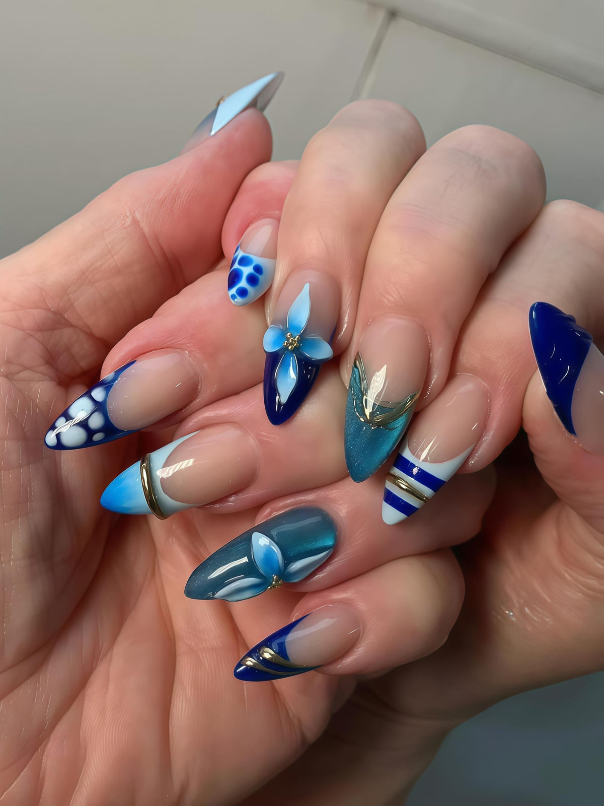 Blue Floral French Tip Nail Set With 3D Flower Accents