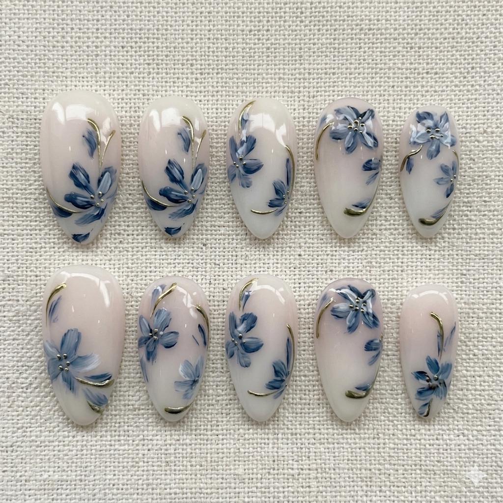 Blue Floral Porcelain-Inspired Press-On Nails With Gold Accents for Bridal Occasions