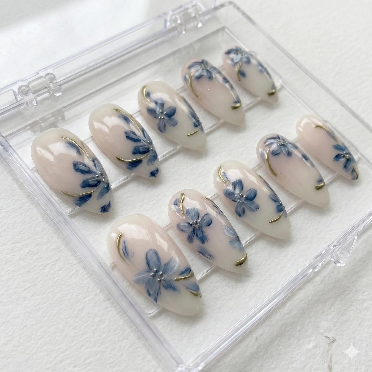 Blue Floral Porcelain-Inspired Press-On Nails With Gold Accents for Bridal Occasions