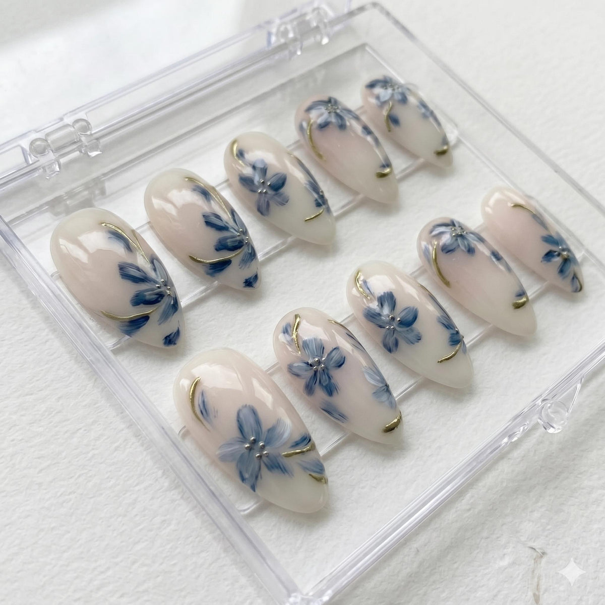 Blue Floral Porcelain-Inspired Press-On Nails With Gold Accents for Bridal Occasions