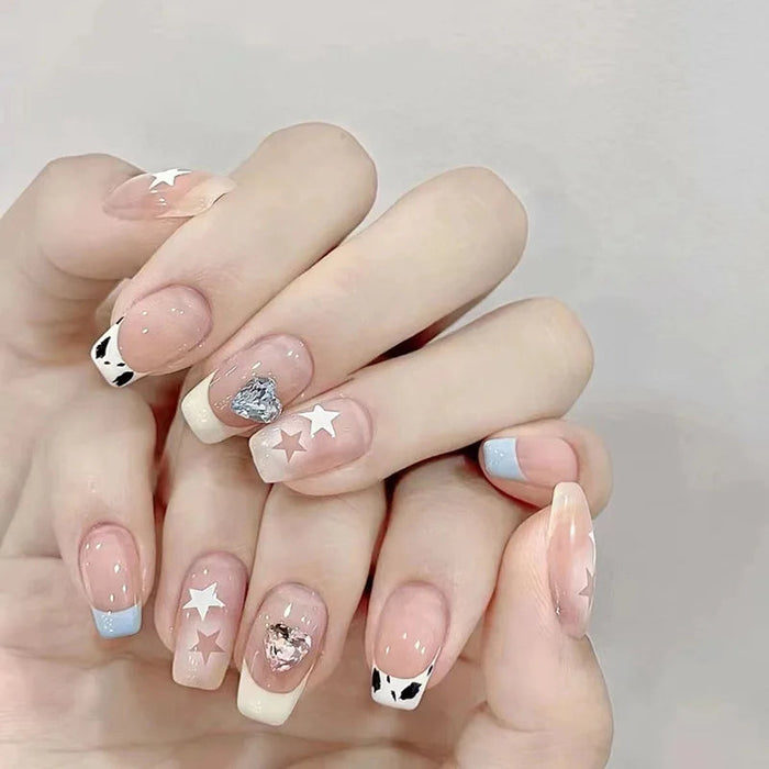 Blue French Tip Cow Print Star Press On Nails