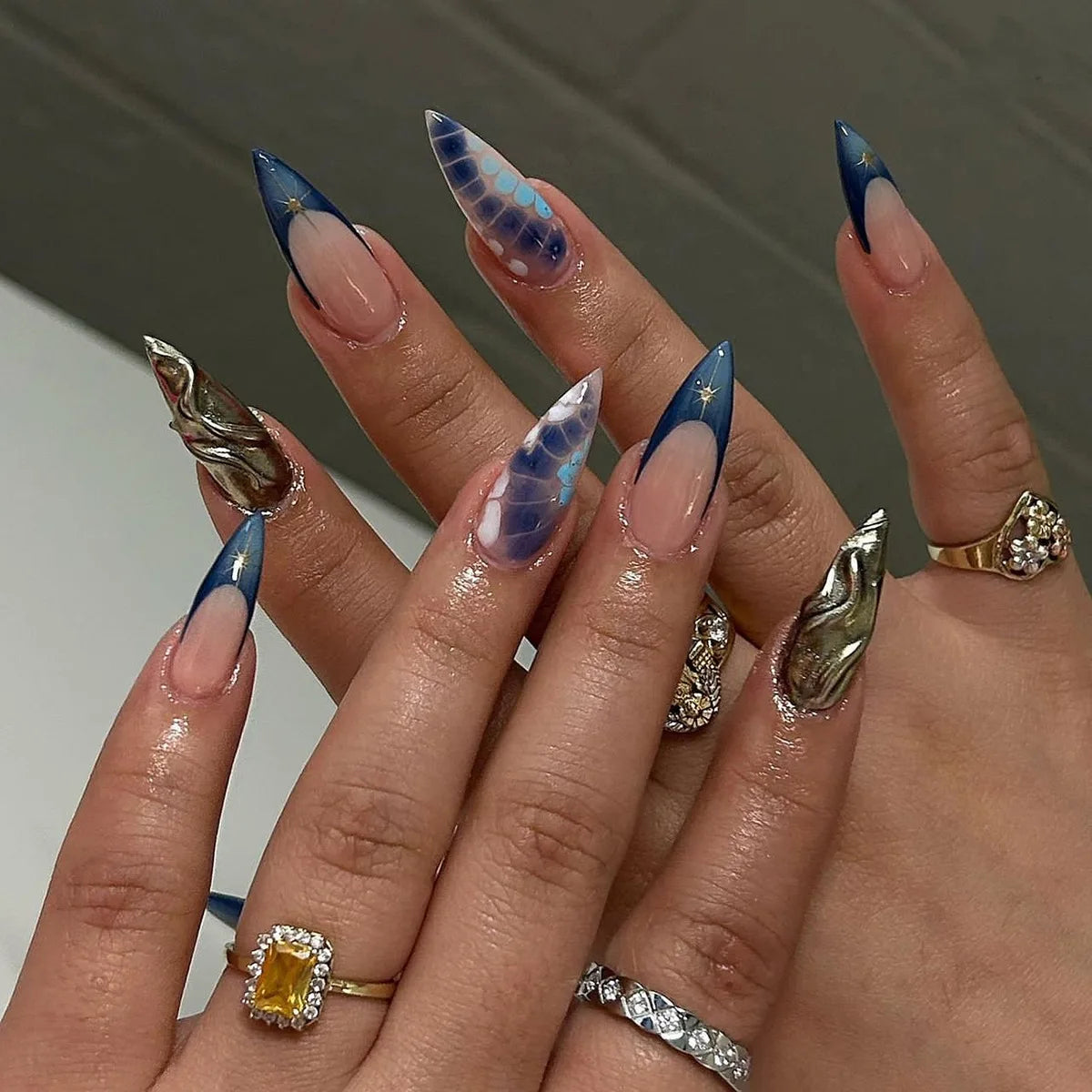 Blue French Tip Press On Nails with Celestial Stars, Iridescent Scales and Silver 3D Accents