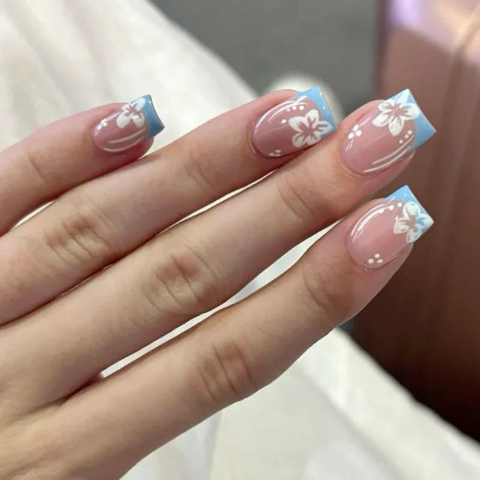 Blue French Tip Press-On Nails With White Flowers