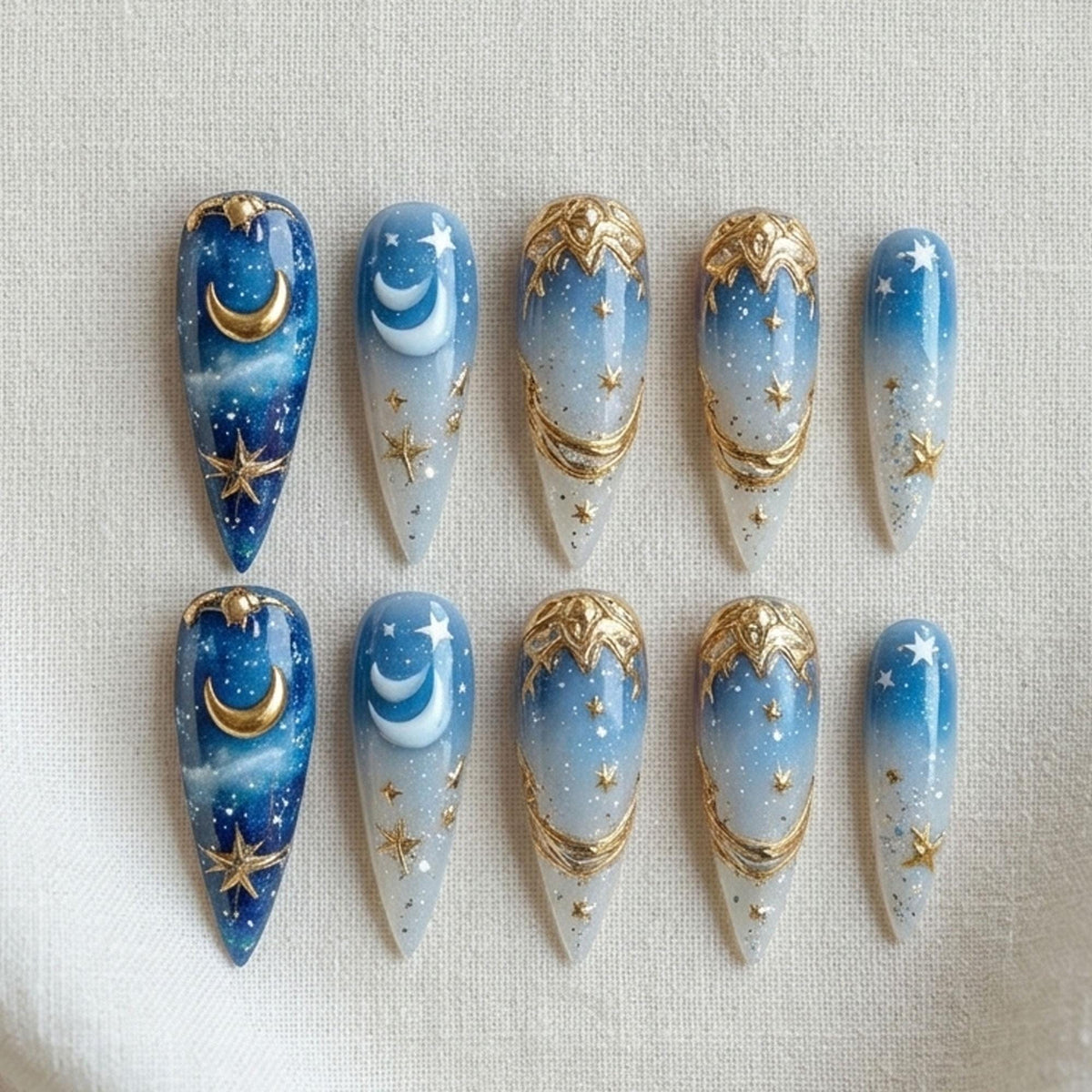 Blue Galaxy Moon and Star Press On Nails with Gold Celestial Accents