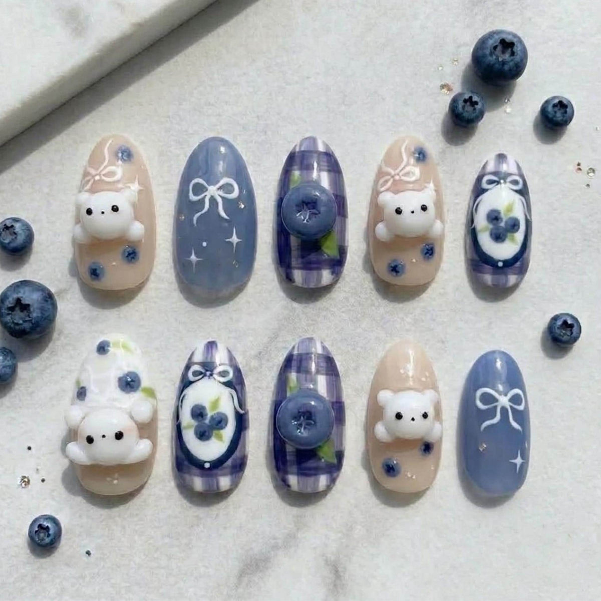 Blue Gingham Bear and Blueberry Nail Set with Bows and Star Accents