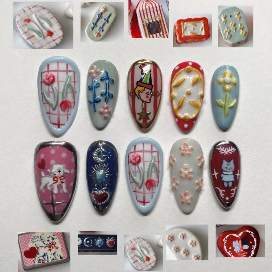 Blue Gingham Floral Press-On Nails with 3D Flowers and Bows