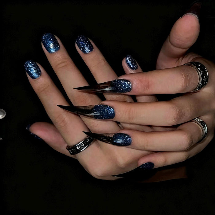 Blue Glitter and Smoky Black Ombre Press-On Nail Set