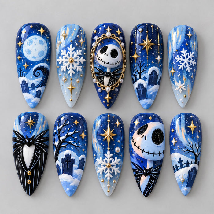 Blue Gothic Christmas Winter Press On Nails With Skull Faces, Snowflakes, Moons, and Gold Stars