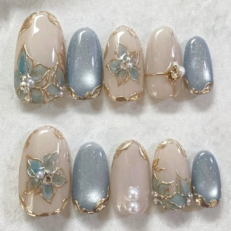 Blue-Gray and Nude Floral Press-On Nails with Gold Details